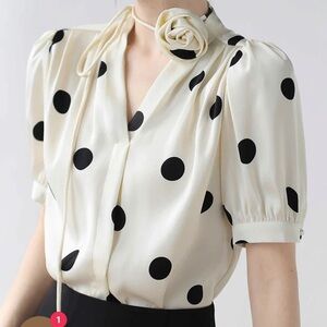 Silk Polka Dot Top With Rose Choker